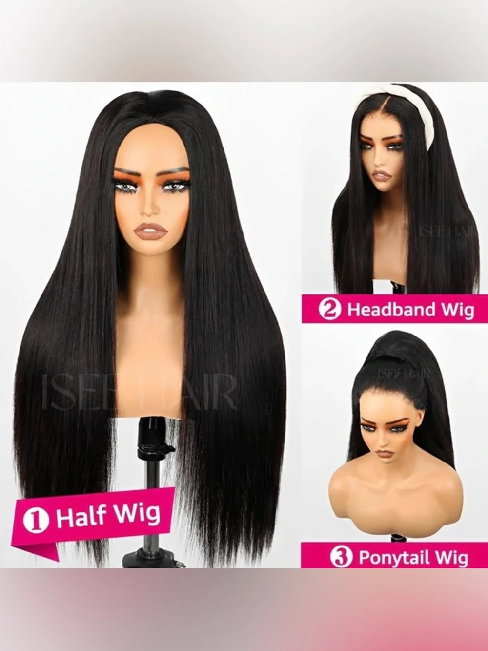 ISEE Natural Black Human Hair Straight 22 Inch Half Wig